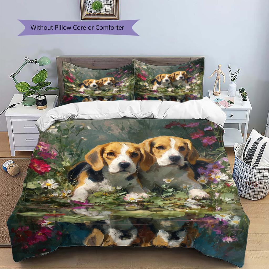 Beagle and Grassland Pattern Bedding Home Decoration Birthday Gift (1 * duvet cover + 2 * pillowcase, without core)