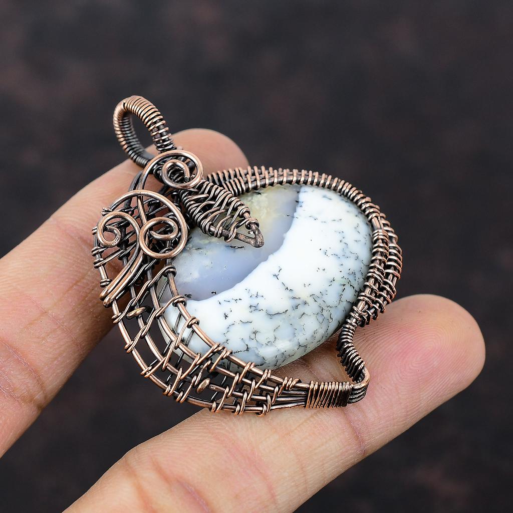 Подвеска из опала дендрита, медная проволочная обертка, драгоценный камень, медная бижутерия, подвеска для женщин, подарок для него, подвеска ручной работы, проволочная обертка, ювелирные изделия