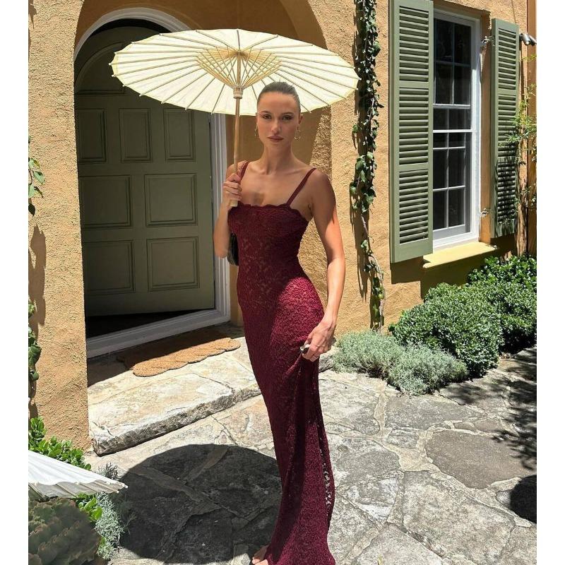 New Summertime Women's Fashion One-length Neck Sexy Perspective Lace Slim Dress Outfit Dress
