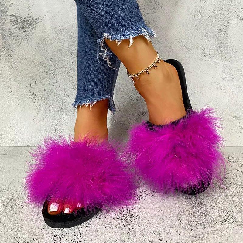 Fashion Fashion Fluffy Faux Fur Slippers for Women Soft Plush Open Toe Home Slippers Woman Autumn Winter Indoor Cozy Furry Flat Slides