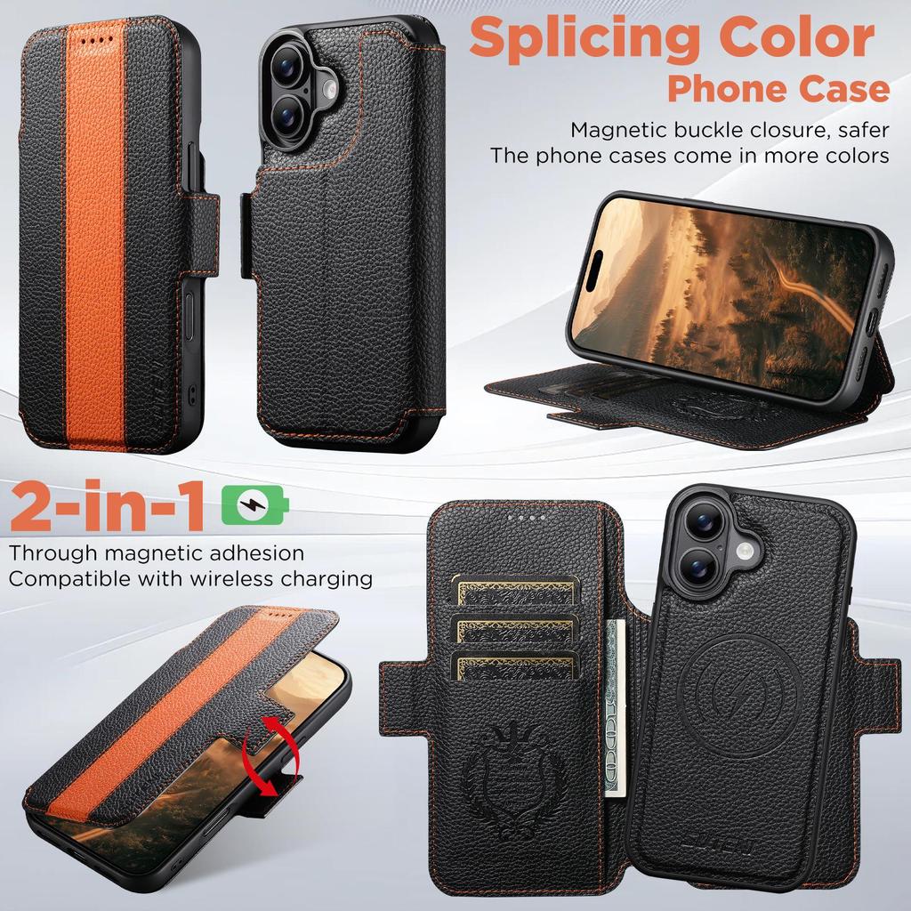 Чехол-книжка для iPhone 17: Слот для карт, Магнитная застежка, Подставка для беспроводной зарядки, Кошелек с цветными блоками, Кожа