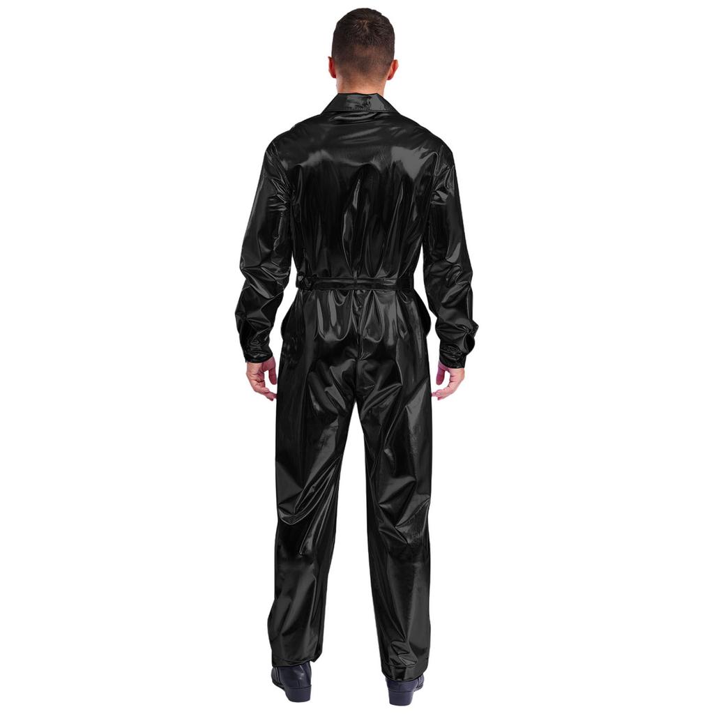 Mens Shiny Metallic Turn Down Collar Long Sleeve High Waist Jumpsuit Halloween Costume