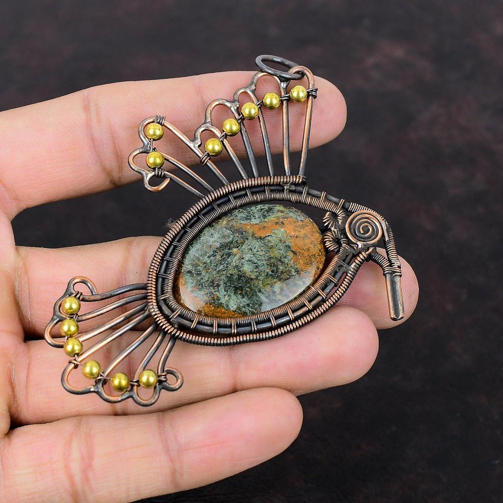 Спессартин Гранат в известняке Кулон Медная проволока Кулон ручной работы Подвеска из драгоценного камня Медная проволока Ювелирные изделия Свадебный подарок Кулон в виде птицы