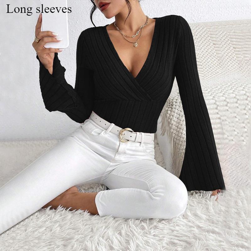 2024 Новая женская футболка с длинными рукавами, V-образным вырезом и расклешенными рукавами цвета красного вина, осенне-зимняя облегающая базовая рубашка-топ