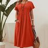 Summer Women's Dress Plus Size Long Solid Colour Round Neck Pocket Pleated Short Sleeve Cotton Linen Dresses