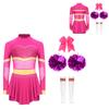 4Pcs Girls Cheer Leader Costume Long Sleeve Diamonds Dance Jumpsuit with Cheerleading Hand Flower Bowknot Hair Ties and Striped Knee High Tube Socks