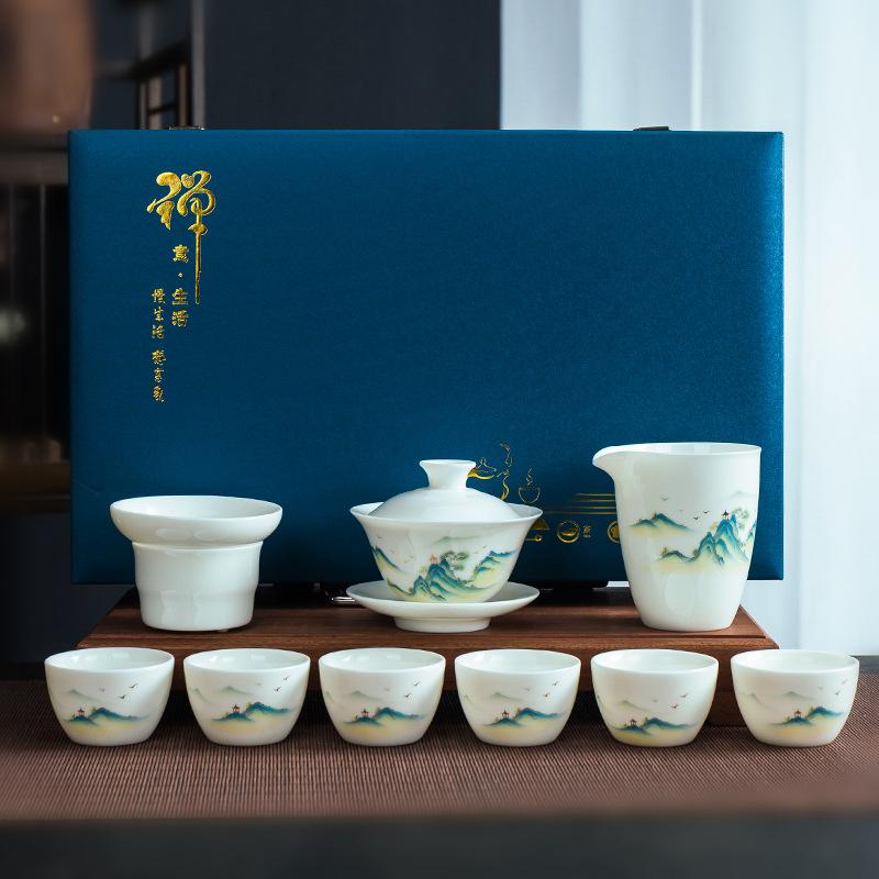 White porcelain tea set business gift cover bowl tea set gift box set suet jade porcelain high-end kung fu tea set