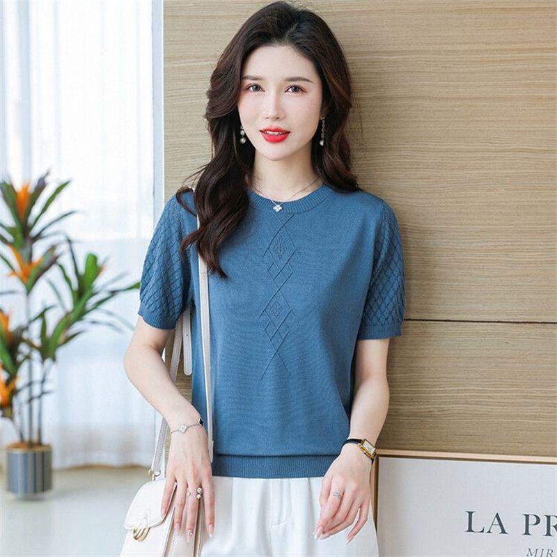 Женская летняя тонкая однотонная трикотажная футболка Hollow Ice Silk с коротким рукавом, новый модный топ с круглым вырезом