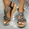 Fashion Rhinestone Wedge Heel Sandals for Women 2025 Summer Platform Bohemian Sandals Woman Thick Bottom Elastic Band Gladiator Shoes