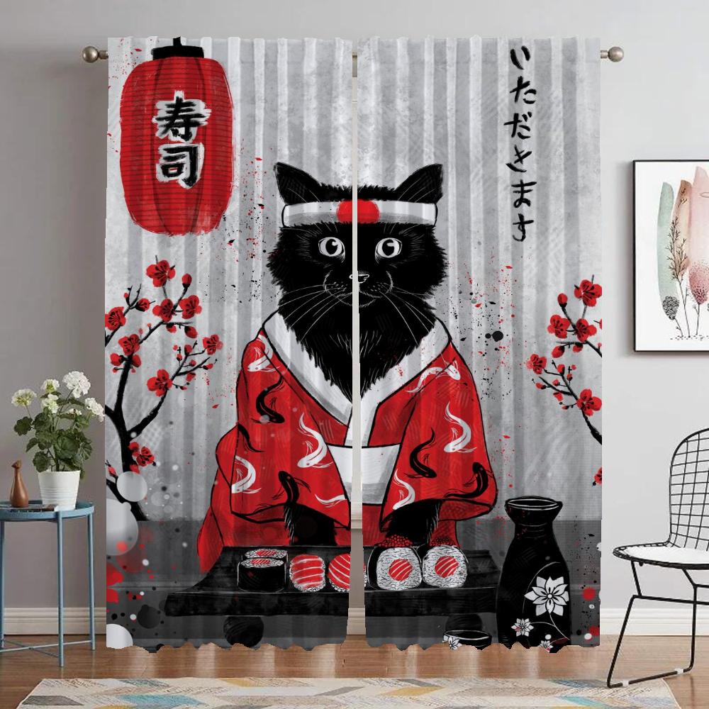 Sushi Cat Blackout Curtains for Camera Partition Elegant Room Curtains 2 Pieces Halloween Decoration Tulle for Bedroom Shades