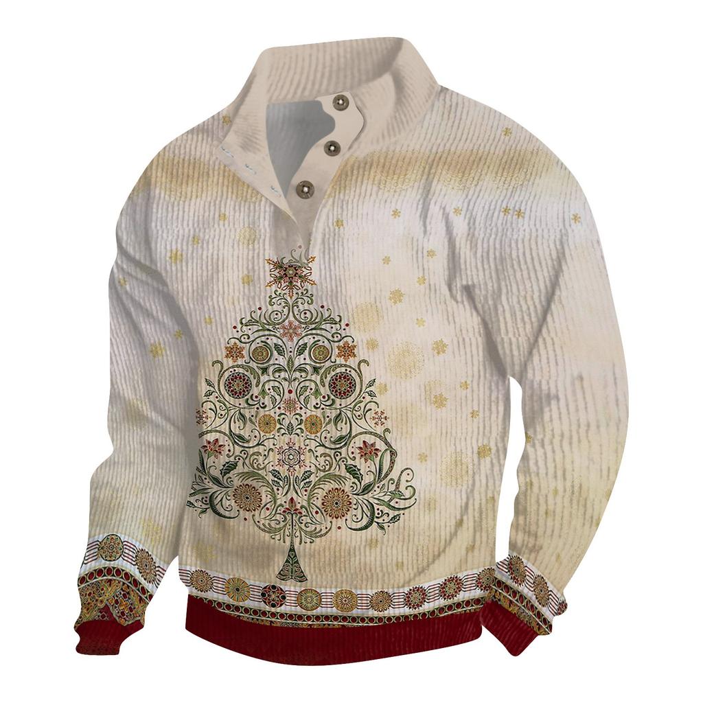 Мужская рождественская хлопковая рубашка-пуловер с длинным рукавом для активного отдыха, винтажная вельветовая рубашка с воротником-стойкой и пуговицами, повседневная толстовка с рождественским принтом