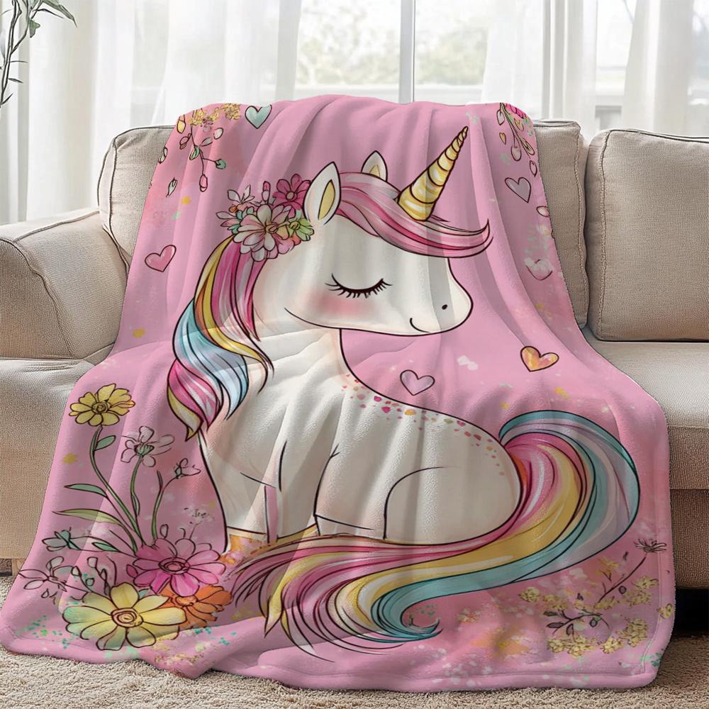 1pc Cute Unicorn Floral Print Flannel Blanket Single-Sided Printing Suitable for Sofa Office Chair Travel Camping And Bed All Seas