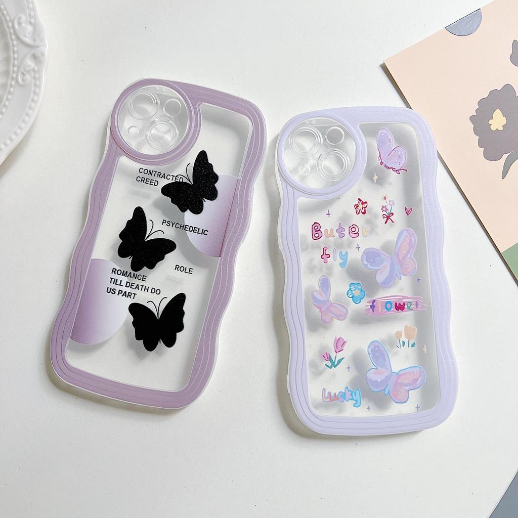 Transparent Wave Edge Painted Silicone Case for Xiaomi Redmi Note 10 11 12 iPhone 15 14 13 11 Samsung A54 A34 A24 Funda Black Colorful Butterfly Cover