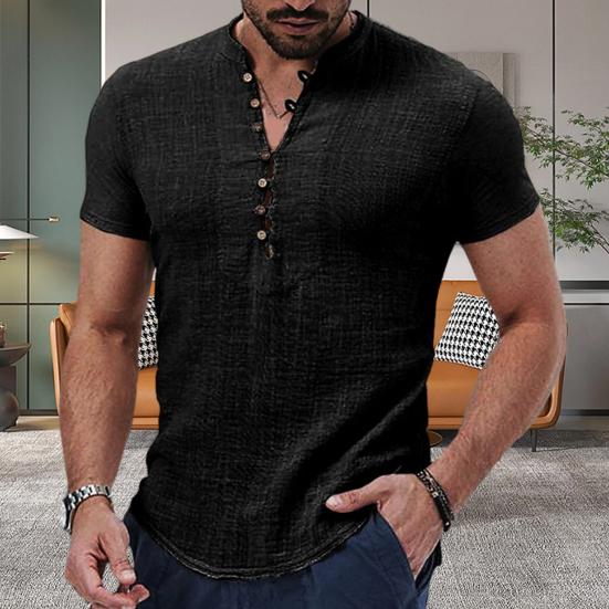 Мужская рубашка с v-образным вырезом и пуговицами, полупланка с коротким рукавом, летняя повседневная однотонная тонкая рубашка с тонкими швами, повседневная одежда
