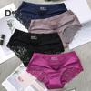 Women Solid Color Mid Rise Briefs See Through Embroidery Lace Stitching Ice Silk Seamless Panties Underwear