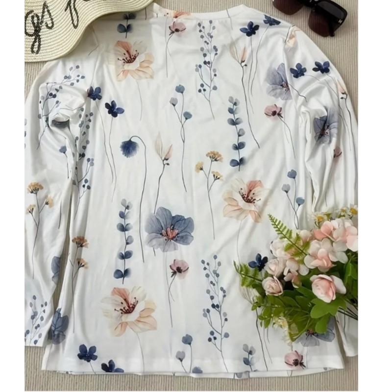 Spring and Autumn Women's Round Neck Pullover Long Sleeved T-shirt Elegant and Fashionable Floral Print T-shirt Womens New Style