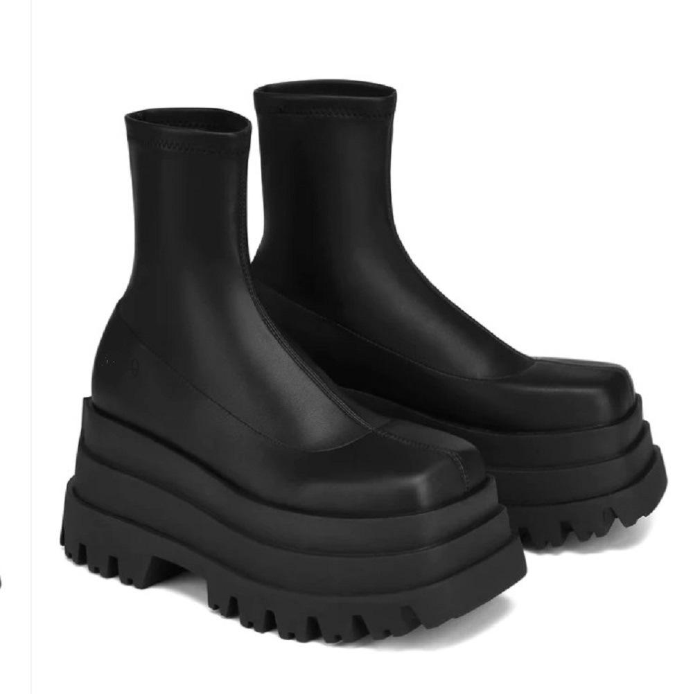 2022 Ботильоны на толстой платформе, клиновидном каблуке, с квадратным носком из кожи