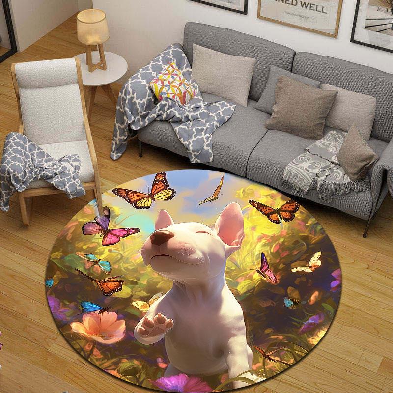 Puppy with Butterfly Round Carpet, Spring Garden Pet Design