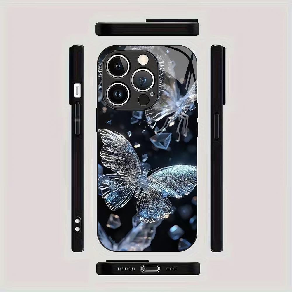 Закаленное стекло для телефона с узором «Алмазная бабочка», подходит для iPhone 17 16 15 14 13 12 11 Pro/Max/Plus, противоударная задняя крышка