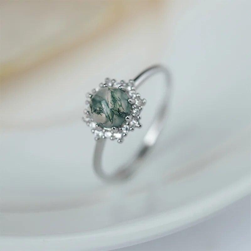 Роскошное кольцо из натурального камня с текстурой различных зеленых мхов и травы, агатовое кольцо с цветком для женщин, стерлинговое серебро S925, подарочные ювелирные изделия