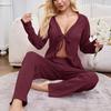 Весенне-осенний однотонный комплект пижамы и домашней одежды с длинными рукавами и длинными брюками, сексуальный кардиган на шнуровке с V-образным вырезом, двухпредметный комплект для сна