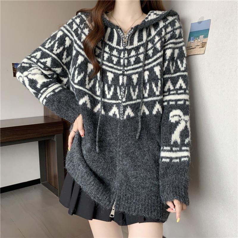 Винтажный жаккардовый кардиган в стиле Fair Isle для женщин, осенне-зимний, утолщенный, в ленивом стиле, свободный, с капюшоном, вязаная куртка-свитер, топ