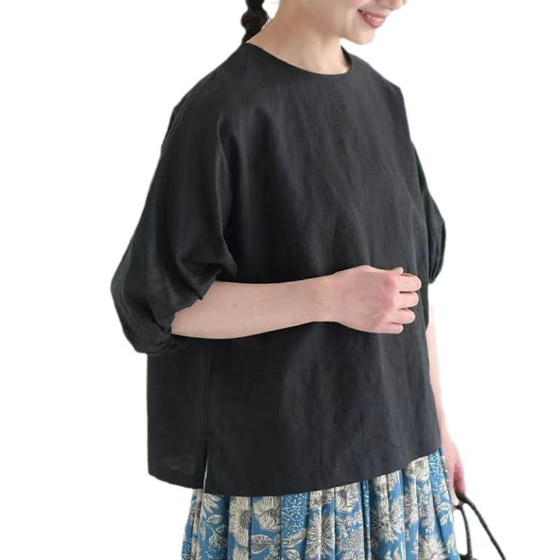Summer Cotton and Linen T-shirt for Women Simple Solid Color Loose Lazy Puff Sleeve Short-sleeved Top