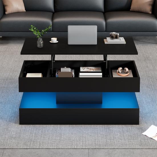 Rectangle LED Coffee Table Modern with Light And Hidden Storage Space Side Hydraulic Lift 100x50x42cm 50kg Load Capacity Living Room Center