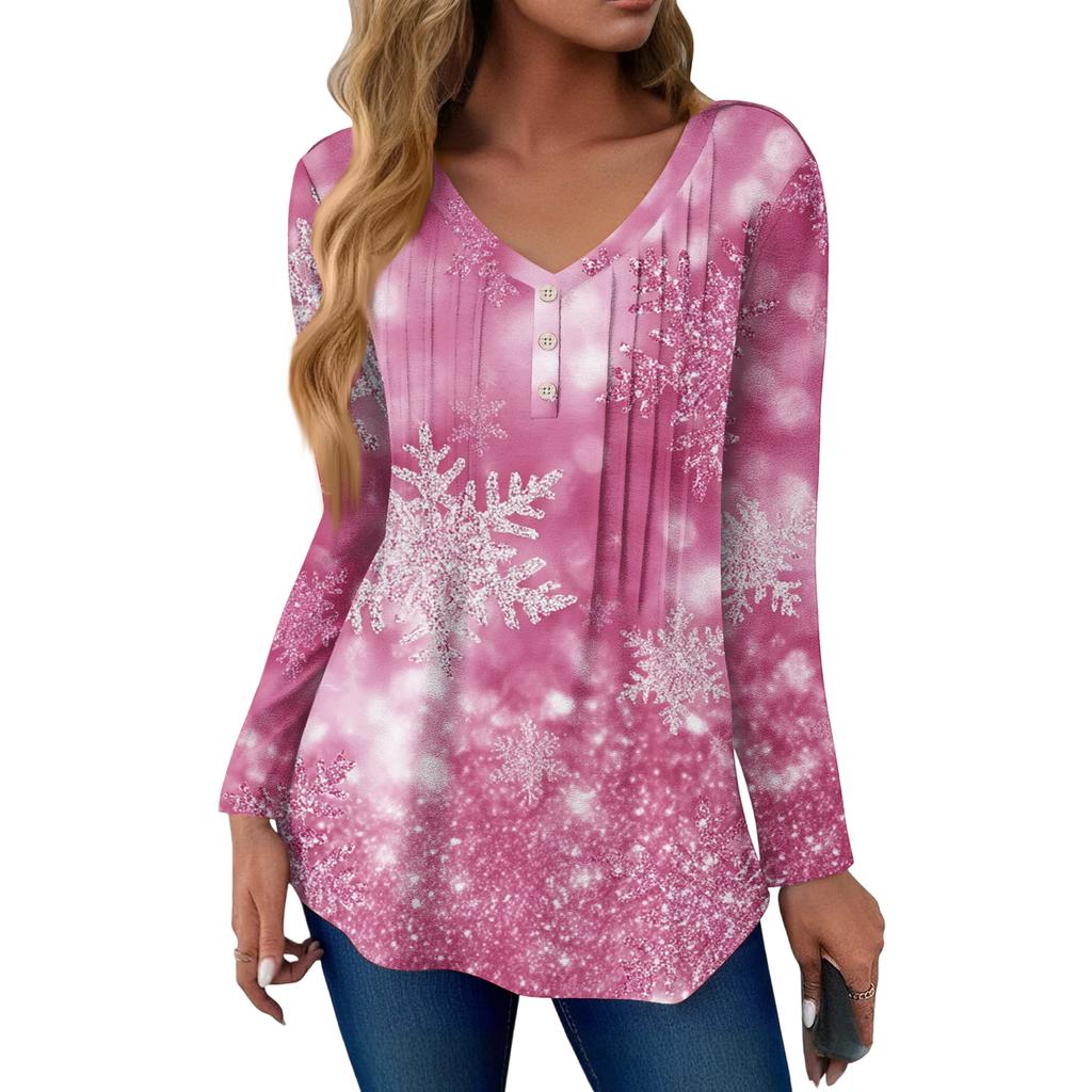 Women's Fashion Casual Christmas Tree Print V-Neck Decorative Button Long Sleeve T-Shirt Top