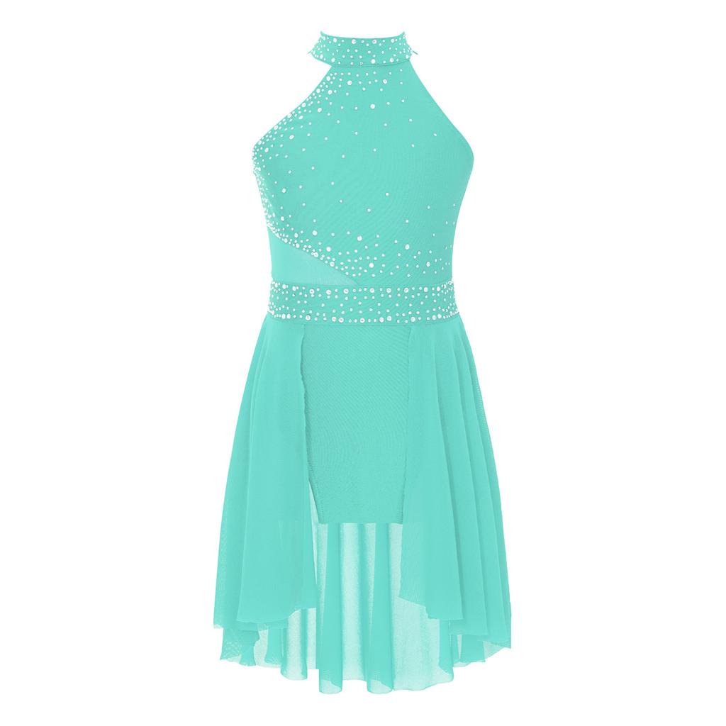 Girls Glittery Lyrical Dance Dress - Rhinestone Decor & Irregular Hem for Stage Performances