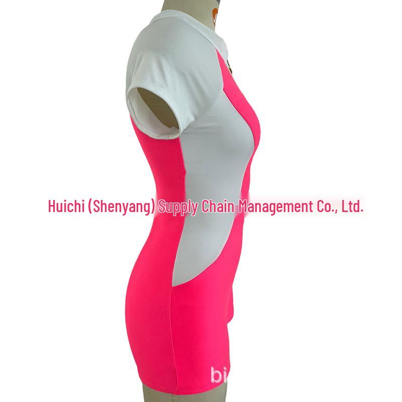 2024 Women's Color Block Sport One-Piece Swimsuit with Tummy Control and Short Sleeves