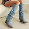Light Blue Knee Length Stacked Boots Look Thin Pants Short Mid Heeled Cowboy Fashion Casual Versatile Women's Boots