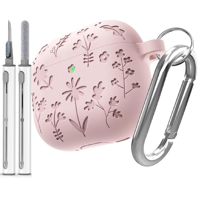 for AirPods Pro 3 Case (2025) DamonLight Floral Engraved Shockproof Protective Soft Silicone Case Cover with Cleaning Pen and Floral Keychain for