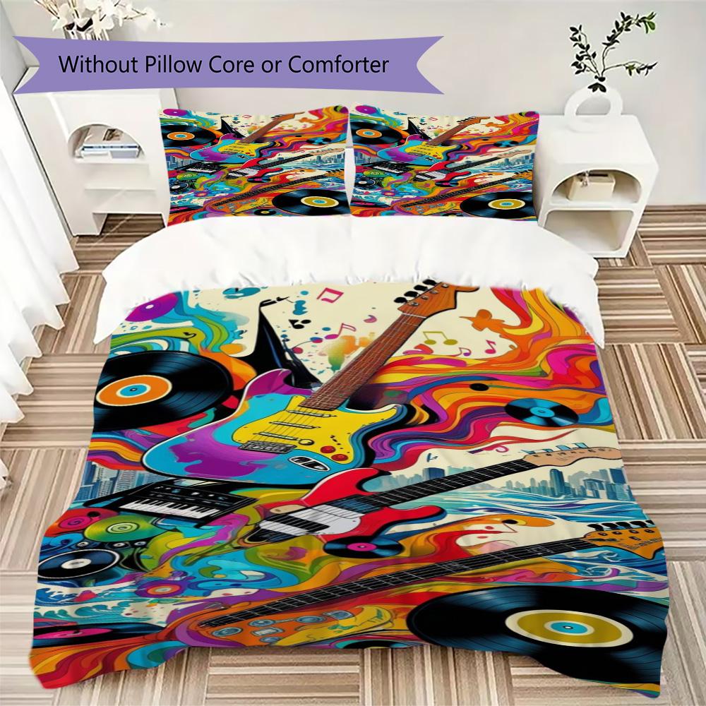 Black & White Splatter Guitar Print Bedding Set, Rock Music Duvet Cover Set(1 * duvet cover + 2 * pillowcase, without core)