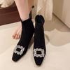 Elastic Women's Winter New Pointed Rhinestone Square Buckle Fashionable Velvet Warm Stiletto Short Boots
