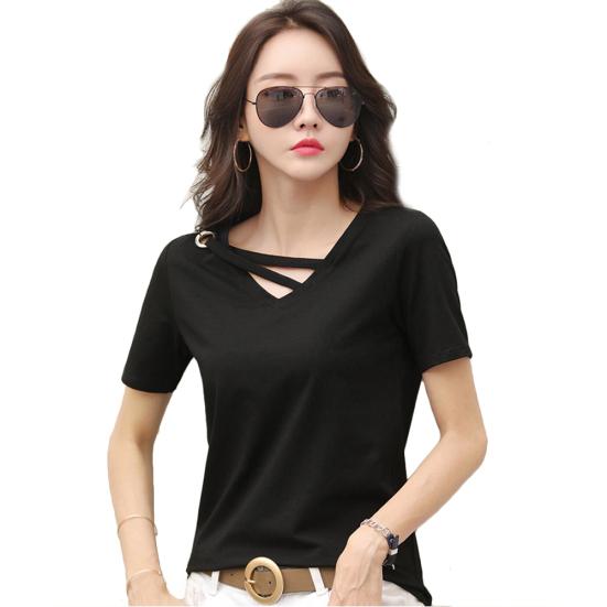 Женская однотонная футболка с V-образным вырезом и коротким рукавом, свободная летняя повседневная блузка, футболка
