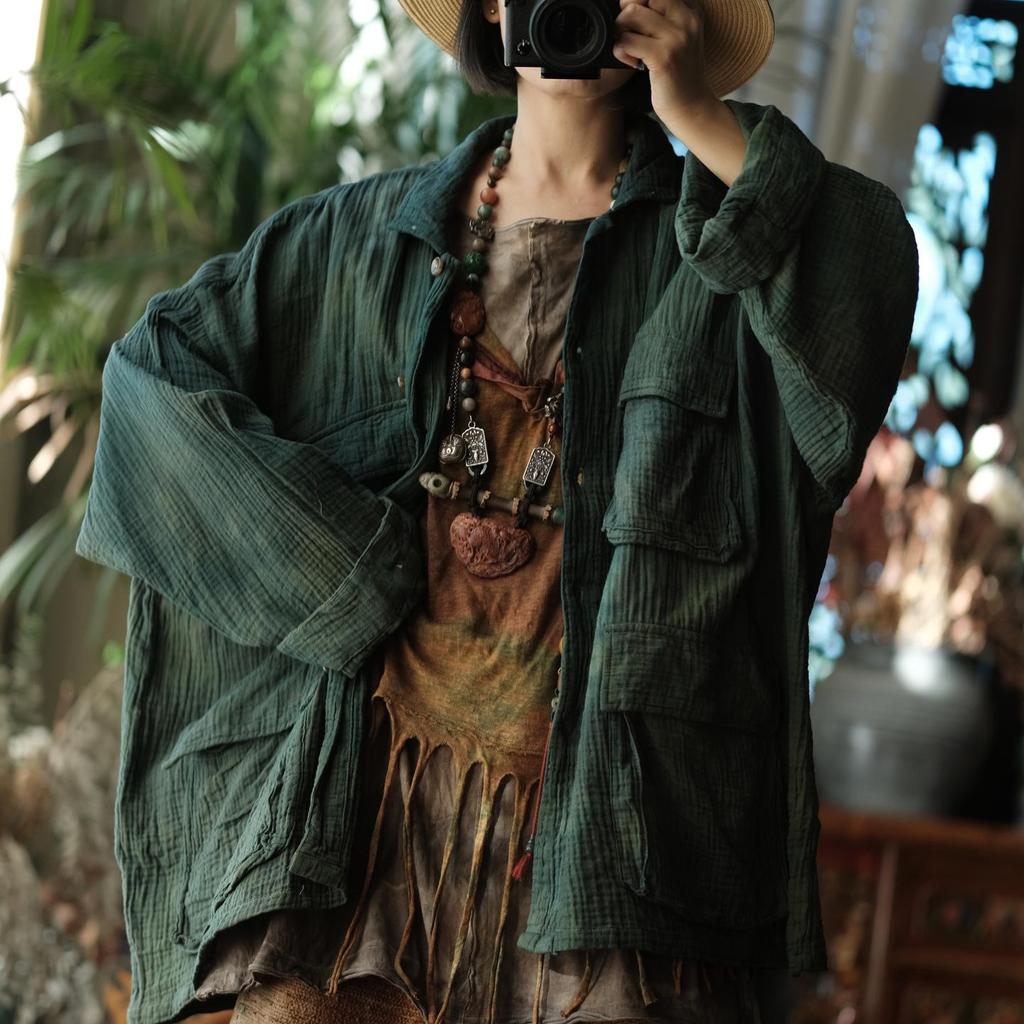 Древний грязно-зеленый хлопково-льняной пиджак в китайском стиле, ретро, с лацканами