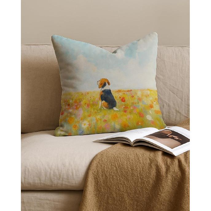 Floral Beagle Pillow Covers 18x18, Beagle Mom Lover Gifts for Women, Watercolor Wildflower Field Dog Decorative Throw Pillow Covers for Home Living