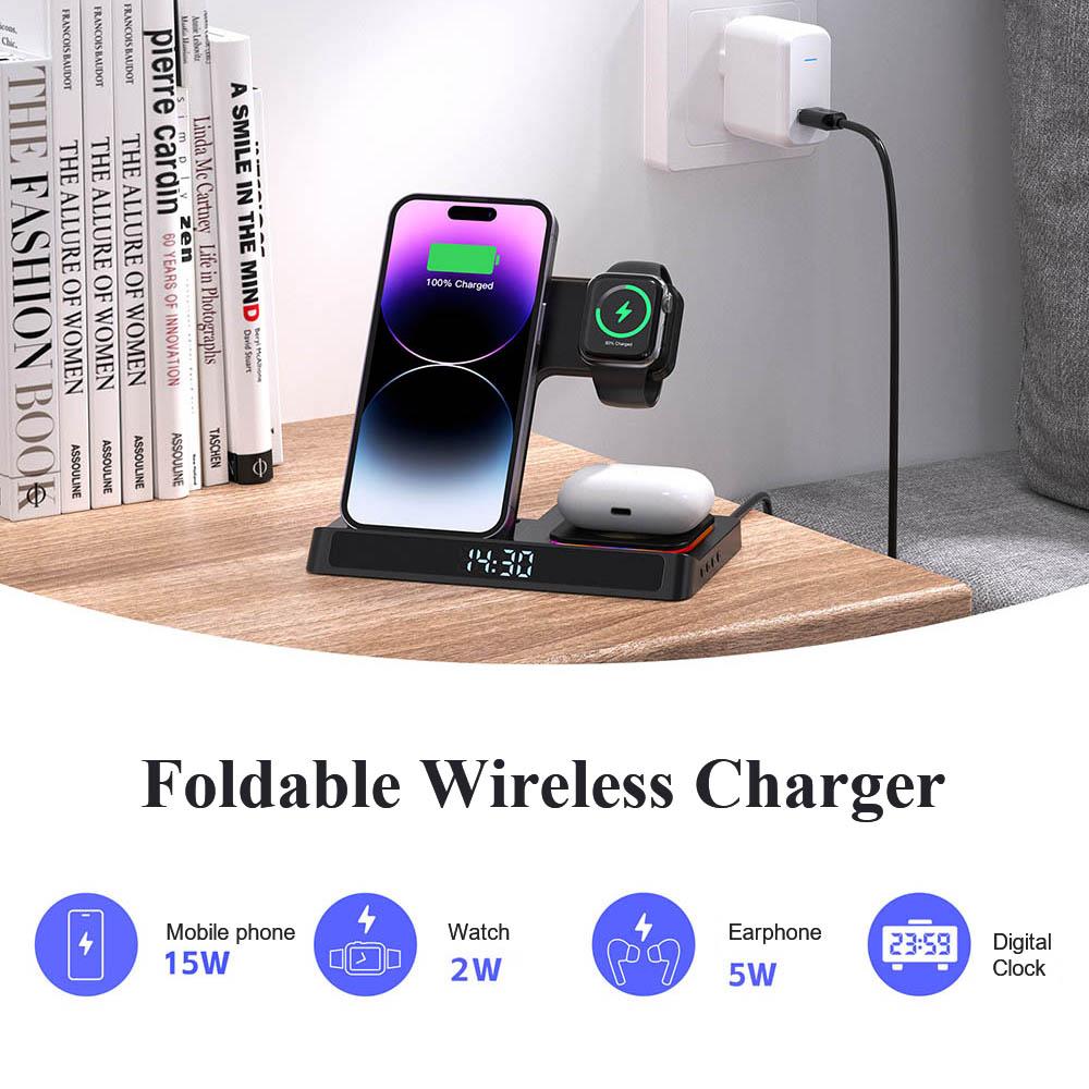 5 в 1 цифровой будильник с беспроводной зарядкой для iPhone 15 14 13 складное зарядное устройство док-станция для Airpods Pro iWatch беспроводное зарядное устройство