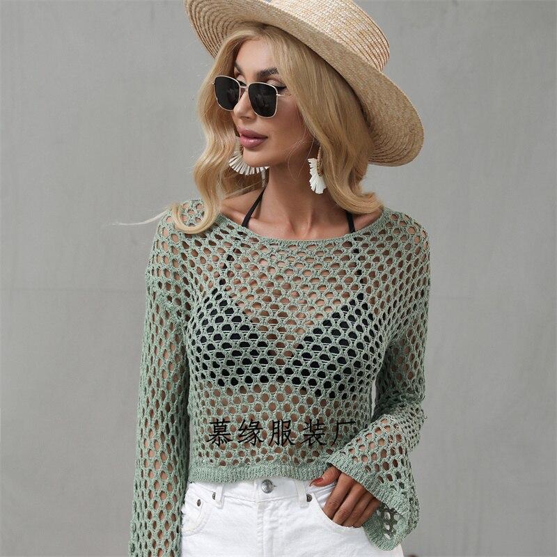 Весна и Лето Новый Пуловер Вязаный Свитер Рукав-труба Свободный Круглый вырез Ажурный Свитер Женский