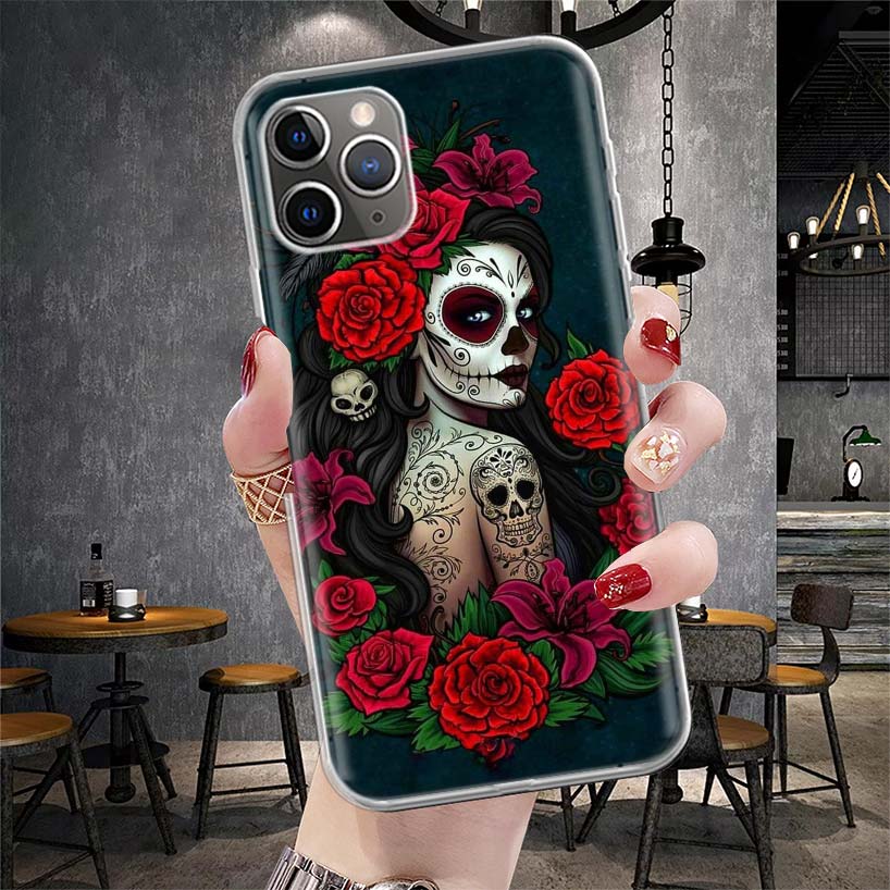 Катрина Красивая Девочка Роза Череп Мягкий Чехол Для Телефона Для IPhone 11 17 Air 16E 16 Pro Max 15 + 14 Plus 13 Mini 12 Apple 7 SE 8 Funda