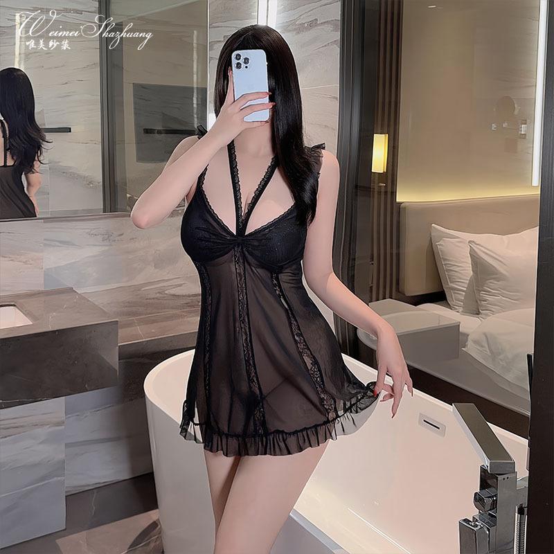 Beautiful yarn neck sling nightdress sexy hot deep V home pure desire sexy lace tulle nightdress women