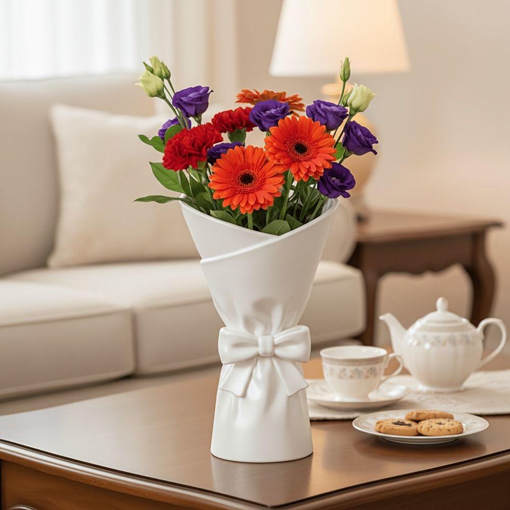 Nordic Style Bow Bouquet Shaped Vase White Minimalist Flower Vase Floral Display Container Gift