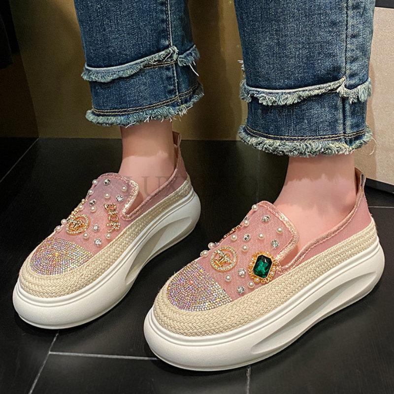 Кроссовки для женщин Классические повседневные туфли на толстой подошве на платформе Bling Diamond Удобные мягкие мокасины Обувь Zapatos De Mujer