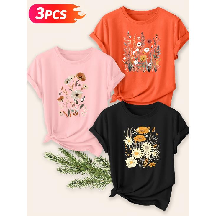 Three-piece set Elegant short-sleeved shirt for women Vintage Daisy Wildflower Print Round Neck Women's T Shirt Suitable for spring