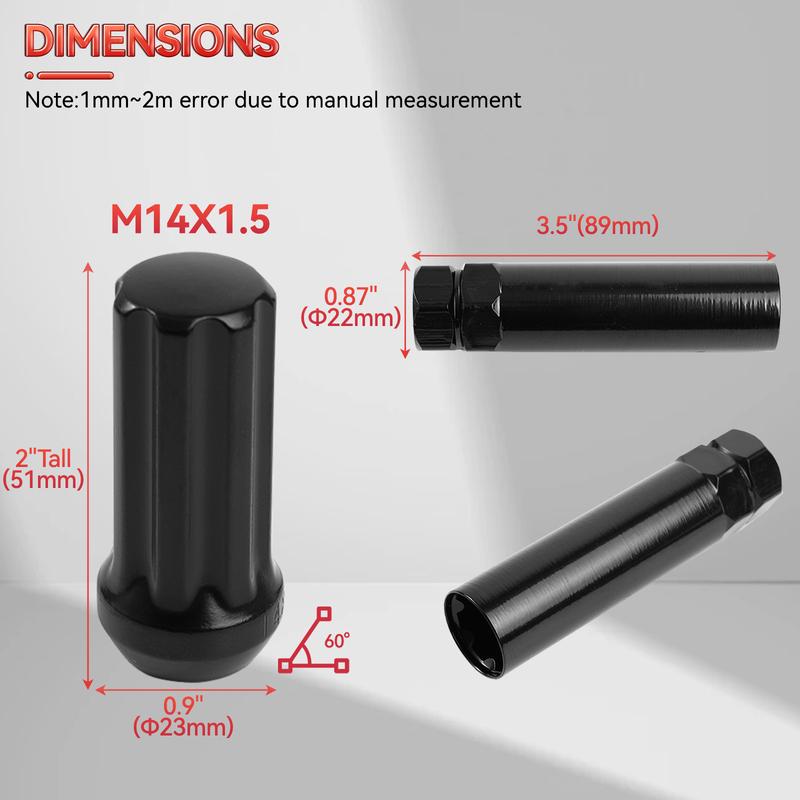 24x Black 2" Tall M14x1.5 Tuner Spline Lug Nut For Ford F150 GMC Sierra Ram 1500