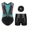 Girls Dance Performance Set Shiny Rhinestones Sleeveless Crisscross Back Leotard Metallic Shorts Headwear