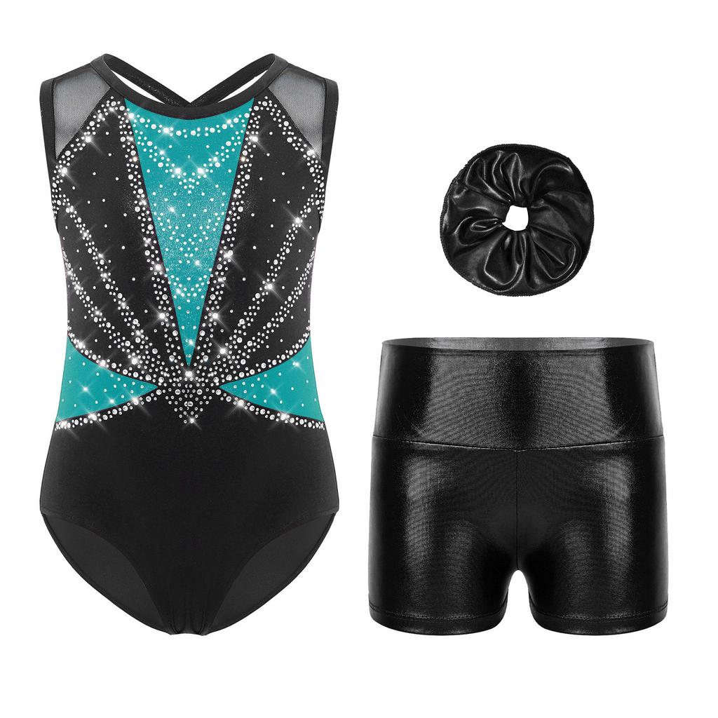 Girls Dance Performance Set Shiny Rhinestones Sleeveless Crisscross Back Leotard Metallic Shorts Headwear