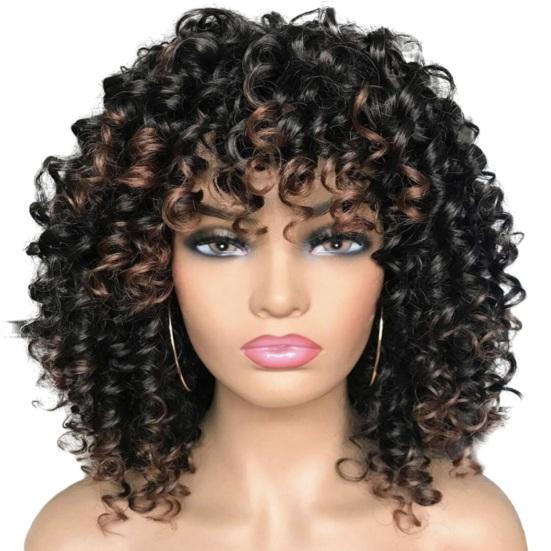 African Women Short Kinky Curly Wigs Silk Hair Natural Look with Bangs High Temperature Wigs Long-Lasting Wear