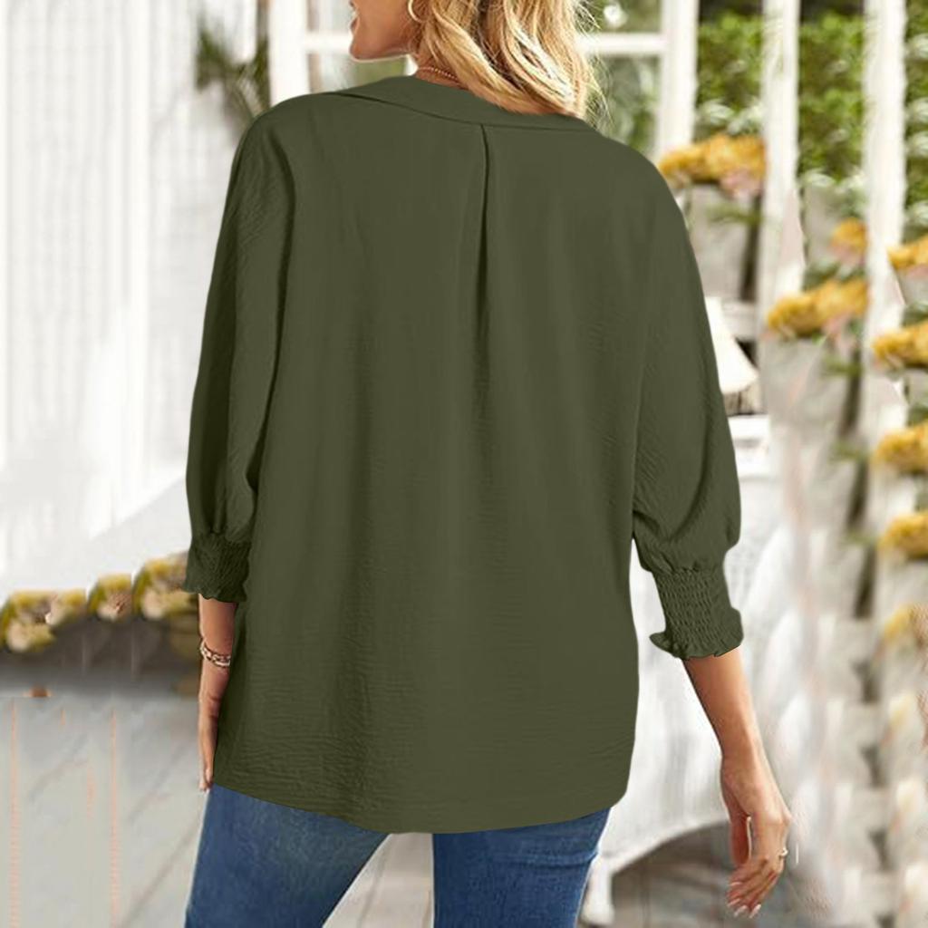 Women's Fashion V-Neck Casual Solid Color Three-Quarter Sleeve Top